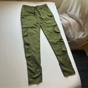 I LOVE UGLY mens olive army green satin slim leg cropped elastic waist pants